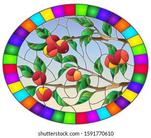 Illustration in the style of a stained glass window with the branches of Apple trees , the fruit branches and leaves against the sky,oval image in bright frame 