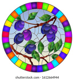 Illustration in the style of a stained glass window with the branches of plum  tree , the  branches, leaves and fruits against the sky, oval image in bright frame