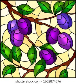 Illustration in the style of a stained glass window with the branches of plum tree , the  branches, leaves and fruits on a yellow background