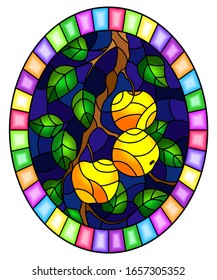 Illustration in the style of a stained glass window with the branches of Apple trees , the fruit branches and leaves against the sky, oval image in bright frame