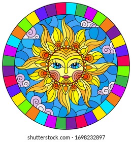 Illustration in the style of a stained glass window with abstract sun in bright frame,round image