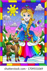 Ilustración al estilo de una vidriera con el tema de las vacaciones de invierno, una alegre caricatura de una chica y un peón, en medio de un paisaje de invierno en un marco brillante