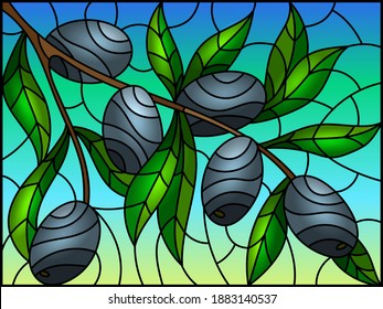 Illustration in the style of a stained glass window with the branches of olive tree , the  branches, leaves and berries against the sky