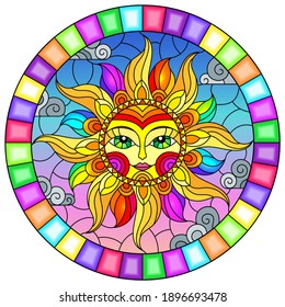 Illustration in the style of a stained glass window with abstract sun in bright frame,round image