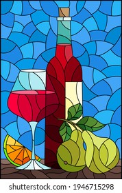 Illustration in the style of a stained glass window with a still life, a bottle of red wine, a glass and fruit on a blue background, a rectangular image