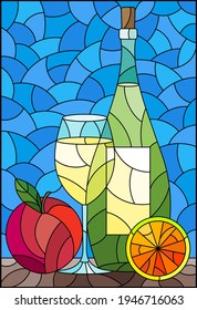 Illustration in the style of a stained glass window with a still life, a bottle of white wine, a glass and fruit on a blue background, a rectangular image