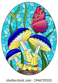 Illustration in the style of a stained glass window with bright mushrooms, grass and a butterfly on a blue background, oval  image