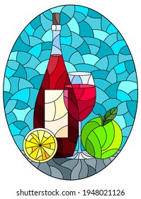 Illustration in the style of a stained glass window with a still life, a bottle of red wine, a glass and fruit on a blue background, oval image