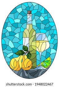 Illustration in the style of a stained glass window with a still life, a bottle of white wine, a glass and fruit on a blue background, oval image