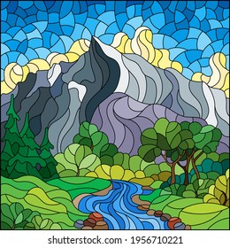 Illustration in the style of a stained glass window with an autumn landscape, a stream, trees and bushes against the background of mountains and the sky