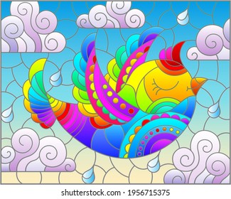 Illustration in the style of a stained glass window with a bright rainbow bird on a background of blue sky and clouds