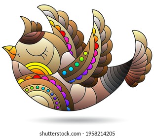 Illustration in the style of a stained glass window with a bright bird, an animal isolated on a white background