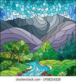 Illustration in the style of a stained glass window with an autumn landscape, a stream, trees and bushes against the background of mountains and the sky