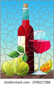 Illustration in the style of a stained glass window with a still life, a bottle of red wine, a glass and fruit on a blue background, a rectangular image