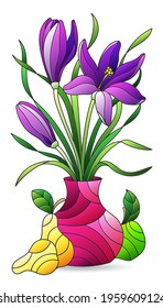 Illustration in the style of a stained glass window with a floral still life, a vase of flowers and fruit isolated on a white background