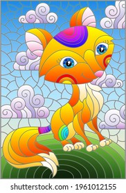 Illustration in the style of a stained glass window with a cute cartoon fox on the background of a green meadow and a cloudy sky