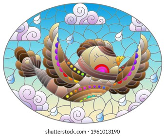 Illustration in the style of a stained glass window with a bright  bird on a background of blue sky and clouds, oval image