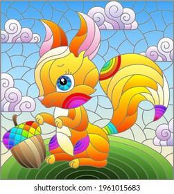 Illustration in the style of a stained glass window with a cute cartoon squirrel on the background of a green meadow and a cloudy sky
