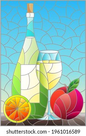 Illustration in the style of a stained glass window with a still life, a bottle of white wine, a glass and fruit on a blue background, a rectangular image