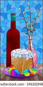 Illustration in the style of a stained glass window with an Easter still life, a bottle of cahors, a willow and a cake on a blue background