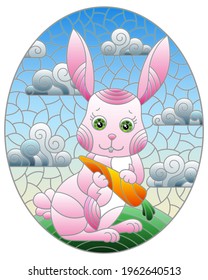 Illustration in the style of a stained glass window with a cute cartoon rabbit on the background of a green meadow and a cloudy sky, oval image