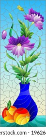 Illustration in the style of a stained glass window with a floral still life, a vase with purple flowers and apples on a blue background