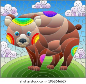 Illustration in the style of a stained glass window with a cute cartoon bear on the background of a green meadow and a cloudy sky