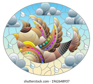 Illustration in the style of a stained glass window with a bright  bird on a background of blue sky and clouds, oval image
