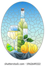 Illustration in the style of a stained glass window with a still life, a bottle of white wine, a glass and fruit on a blue background, oval image