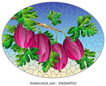 Illustration in the style of a stained glass window with a branch of ripe red gooseberries, berries and leaves on a blue background, oval image