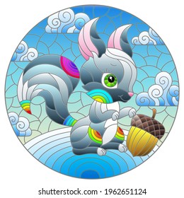 Illustration in the style of a stained glass window with a cute cartoon squirrel on the background of snow and a cloudy sky, round image