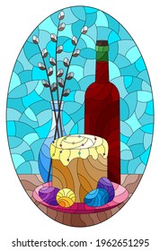 Illustration in the style of a stained glass window with an Easter still life, a bottle of cahors, a willow and a cake on a blue background, oval image