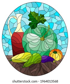 Illustration in the style of a stained glass window with a vegetable still life, vegetables on a blue background,oval image