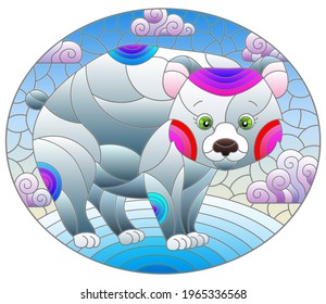 Illustration in the style of a stained glass window with a cute cartoon polar bear on the background of snow and a cloudy sky, oval image