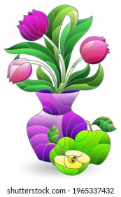 Illustration in the style of a stained glass window with a floral still life, a bouquet in a vase and fruit isolated on a white background