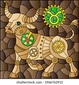 Illustration in the style of a stained glass window with an illustration of the steam punk sign of the horoscope Taurus