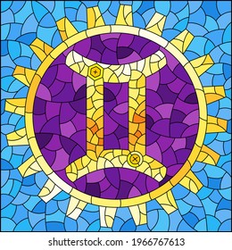 Illustration in the style of a stained glass window with an illustration of the steam punk sign of the Gemini horoscope