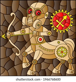 Illustration in the style of a stained glass window with an illustration of the steam punk sign of the horoscope Sagittarius