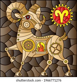 Illustration in the style of a stained glass window with an illustration of the steam punk sign of the horoscope aries