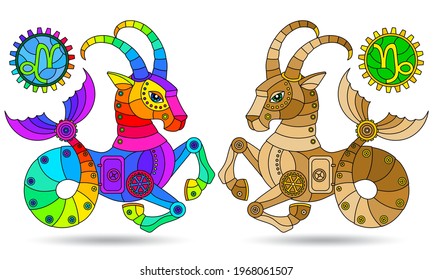 Illustration in the style of a stained glass window with a set of zodiac signs Capricorn, figures isolated on a white background