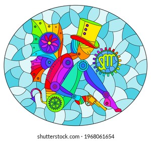 Illustration in the style of a stained glass window with an illustration of the steam punk sign of the horoscope Virgo, oval image