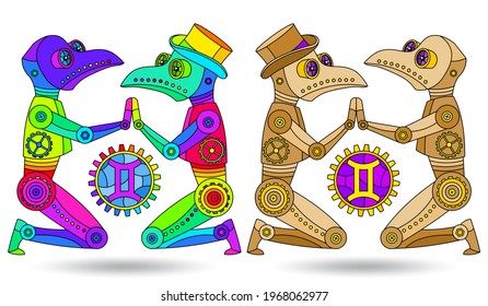 Illustration in the style of a stained glass window with a set of zodiac signs gemini, figures isolated on a white background