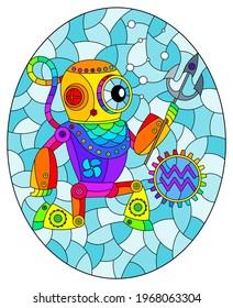 Illustration in the style of a stained glass window with an illustration of the steam punk sign of the Aquarius horoscope, oval image