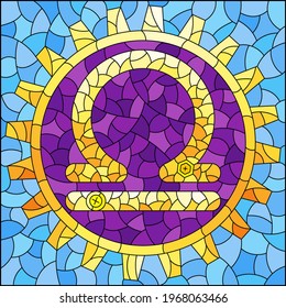 Illustration in the style of a stained glass window with an illustration of the steam punk sign of the horoscope Libra