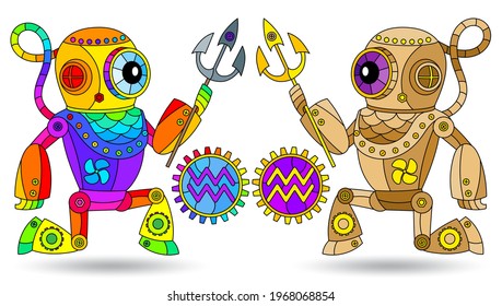 Illustration in the style of a stained glass window with a set of zodiac signs Aquarius, figures isolated on a white background