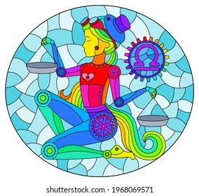 Illustration in the style of a stained glass window with an illustration of the steam punk sign of the horoscope Libra, oval image