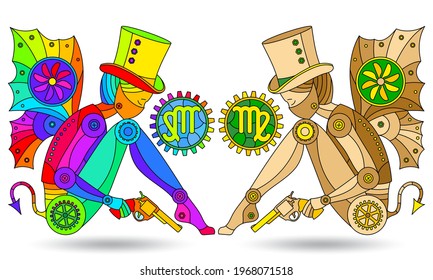 Illustration in the style of a stained glass window with a set of zodiac signs Virgo, figures isolated on a white background