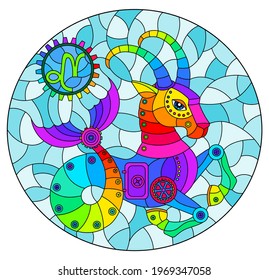Illustration in the style of a stained glass window with an illustration of the steam punk sign of the horoscope Capricorn, oval image