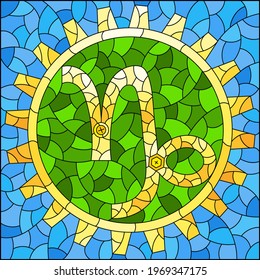 Illustration in the style of a stained glass window with an illustration of the steam punk sign of the Capricorn horoscope