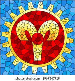 Illustration in the style of a stained glass window with an illustration of the steam punk sign of the aries horoscope